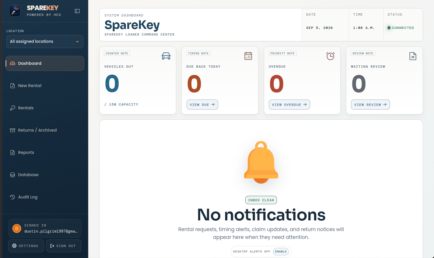 SpareKey dashboard showing loaner counts and its notification inbox.