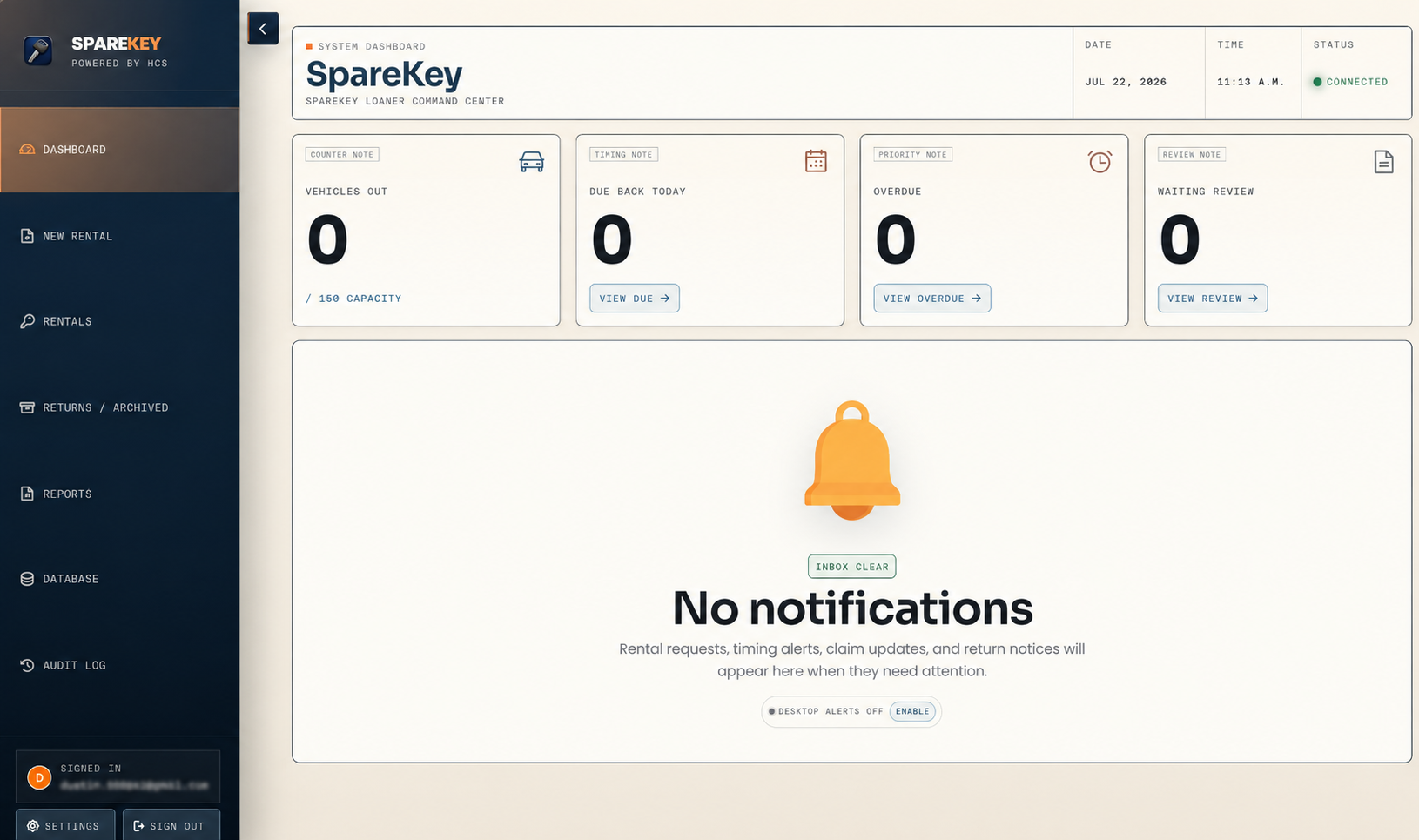 SpareKey dashboard showing vehicles out, due back today, overdue, and waiting review counts.